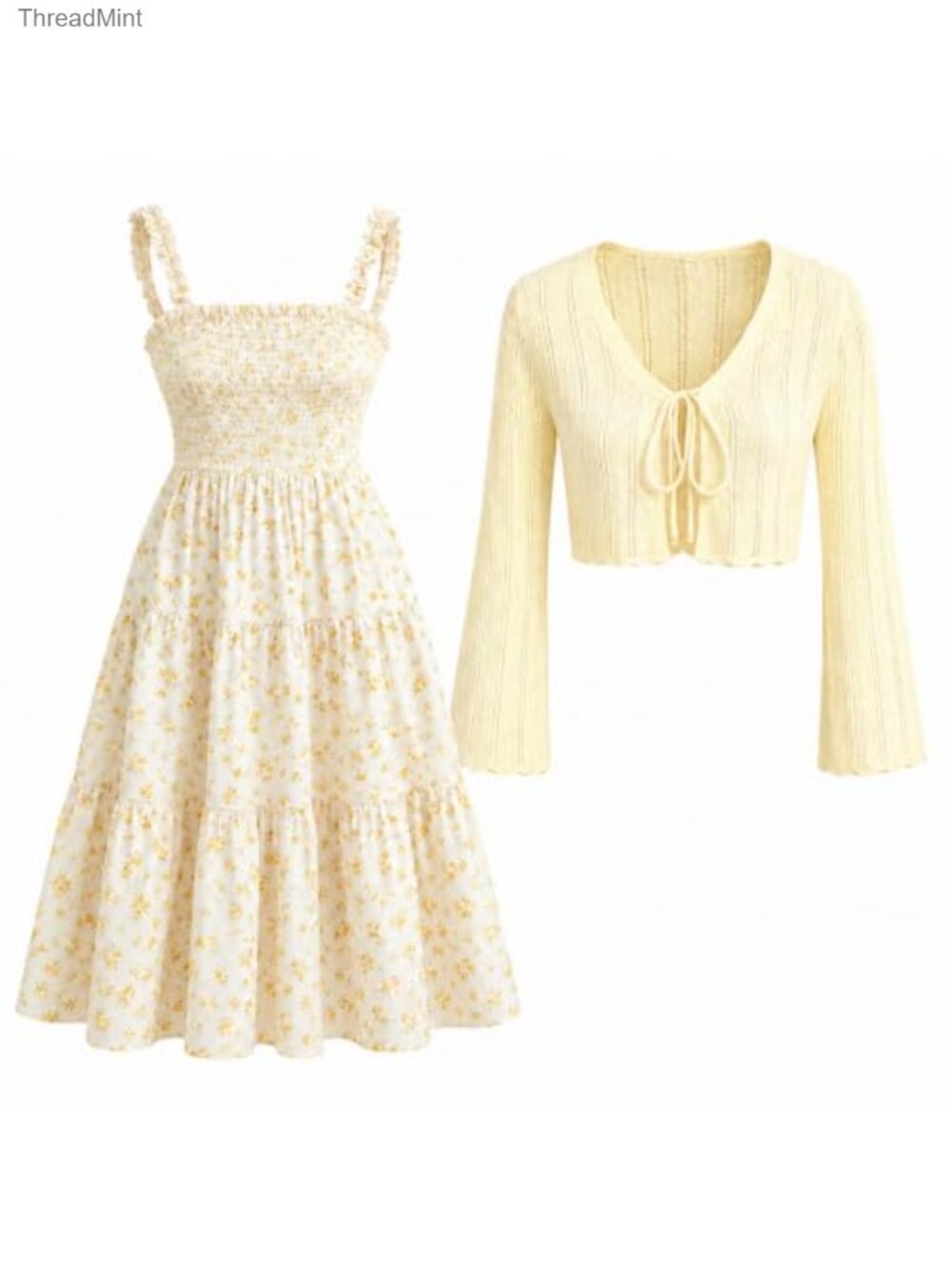 Girls Smocked Midi Dress & Cardigan 2-Piece Set Sleeveless Tiered Twirl Outfit